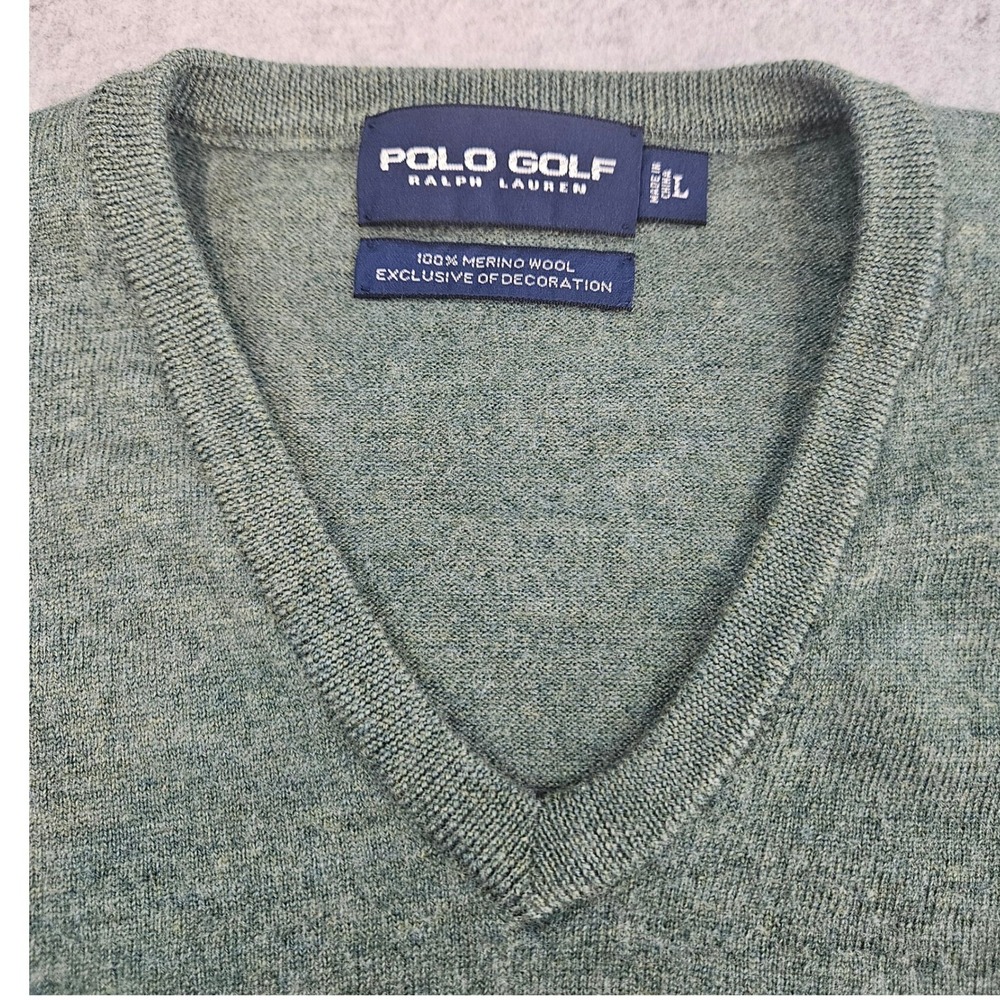 POLO GOLF LAUREN | Mens L Merino Wool V-Neck Sweater Sage Green Logo - Picture 3 of 10
